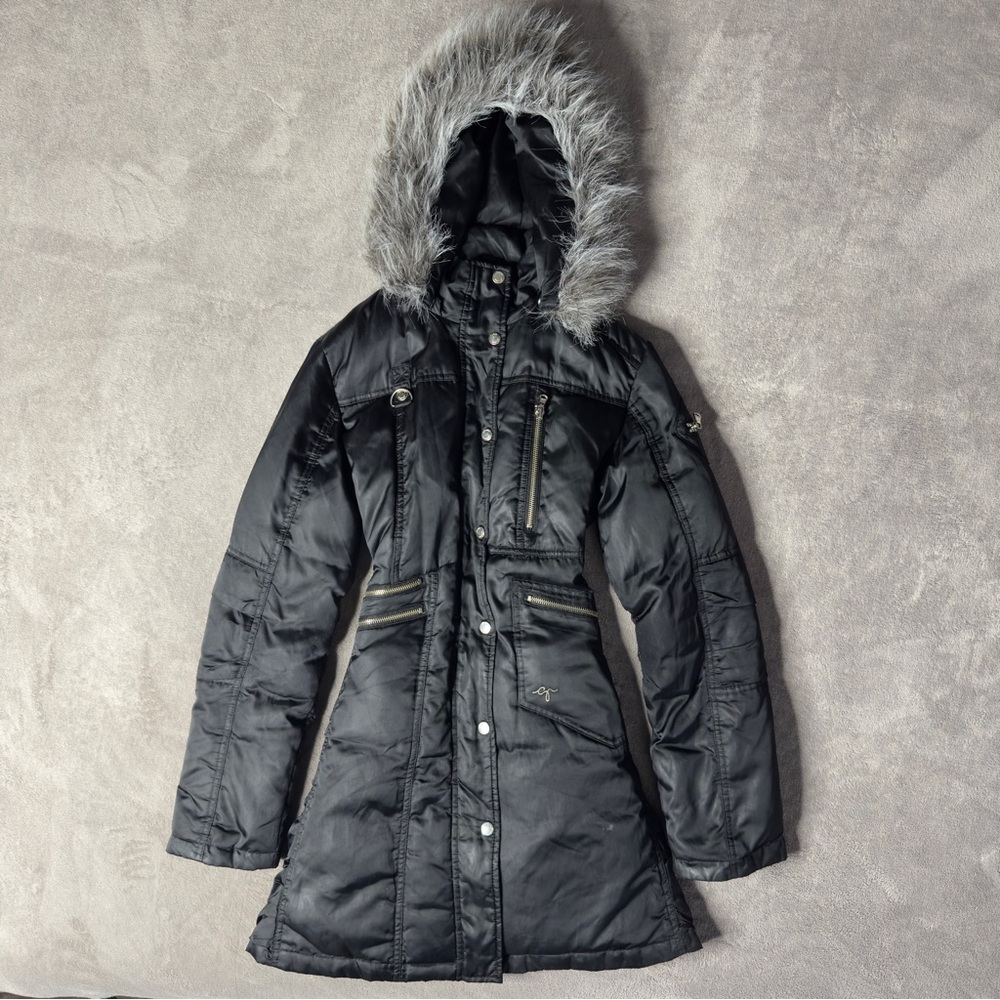 GUESS Black Faux Fur Trim Hooded Puffer Jacket Coat Zip - Women's Medium